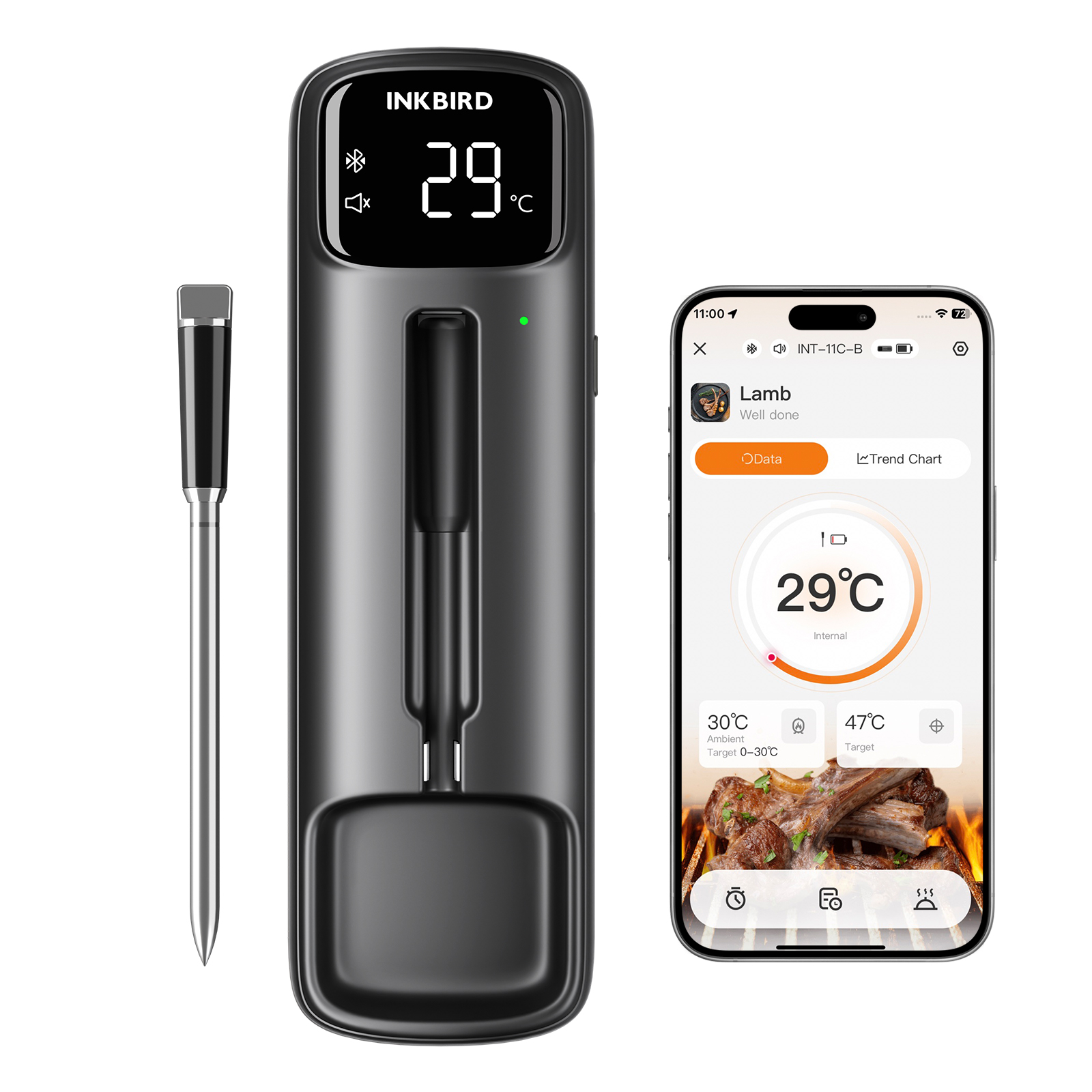 INKBIRD Wireless Dual-Sensor Bluetooth Meat Thermometer, 328ft Range, 25H Battery, IP67 Waterproof, LED Display for BBQ Smoker