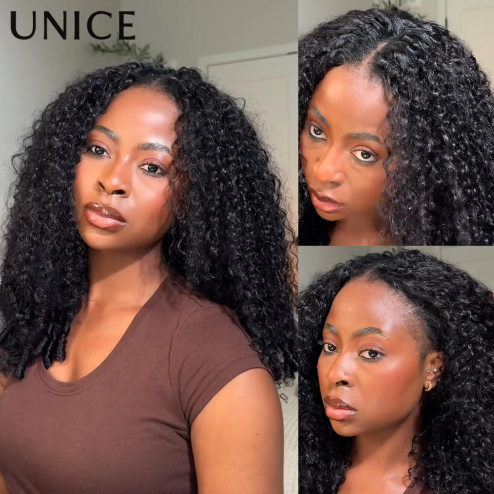 Peruca UNice Burmese Curly V Part com pontas em espiral e cordão invisível, 100% cabelo humano, sem cola, para iniciantes