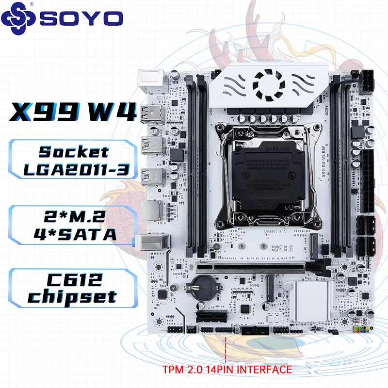 Placa base SOYO X99 DDR4 LGA2011-3 con ranura M 2 compatible con Chipset C612 de doble canal DDR4 SATA 3,0 ventilador blindado de refrigeración blanco