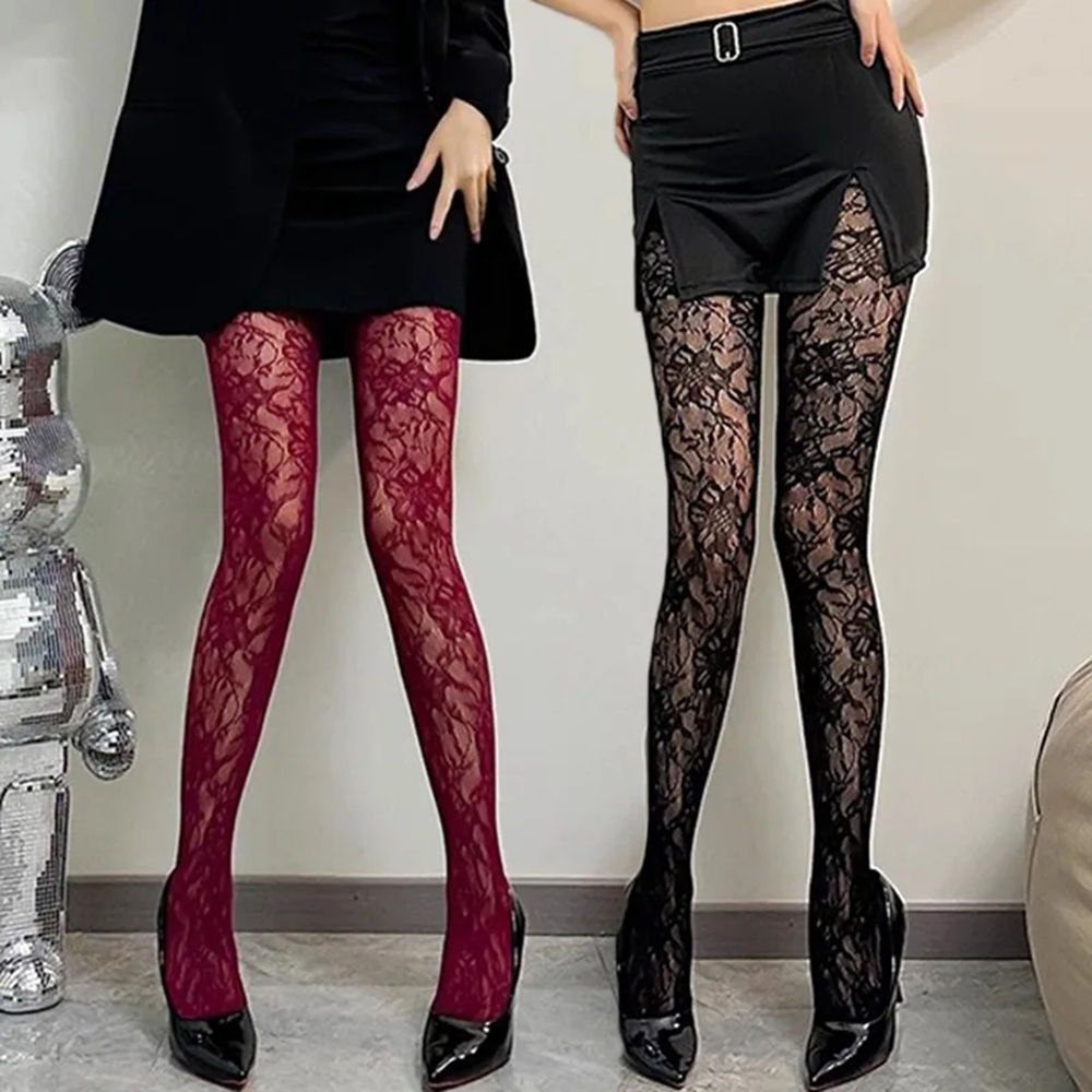 Collants Lolita pour femmes, motif floral noir, dentelle classique, résille, bas à bascule, collants rétro à motif floral en rotin