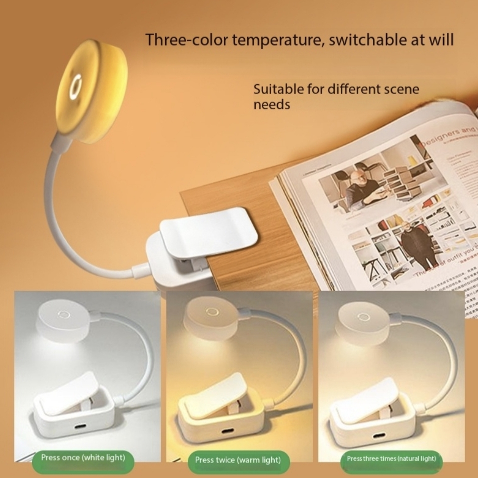 Luminária de Livro Mini Dobrável com Clip, Recarregável USB, Luz Noturna LED com 3 Modos, Proteção Ocular, Regulável Sem Degraus, Flexível para Leitura no Quarto
