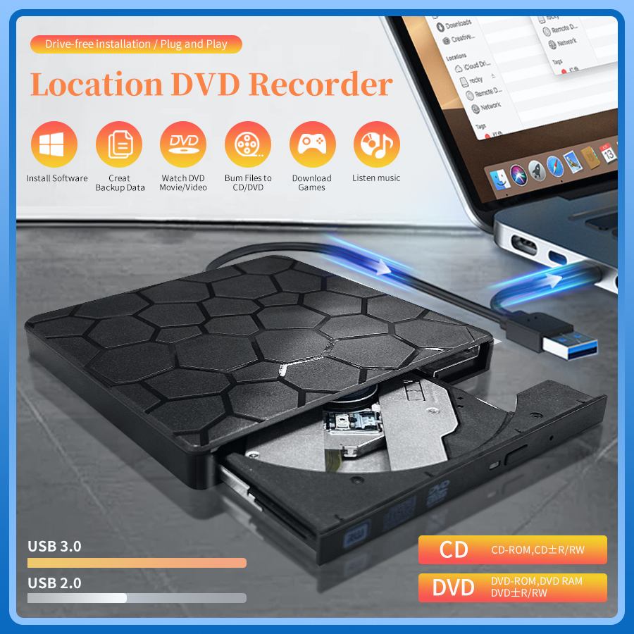 Zewnętrzna napęd DVD RW 2 w 1 Interfejs USB 3.0 Typ C Cienki napęd DVD CD Nagrywarka Odtwarzacz Napęd optyczny do laptopa Notebook