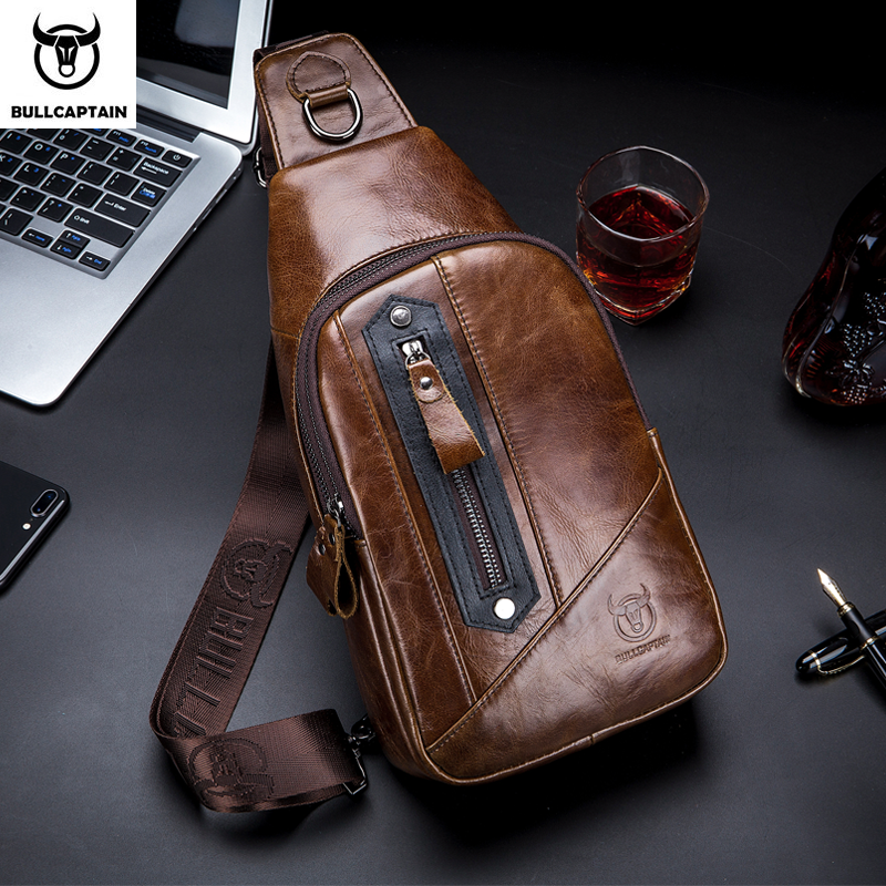 BULLCAPTAIN, bolsos de pecho de cuero a la moda para hombre, bolso de mensajero informal, compartimento multifunción para teléfono móvil, bolso de pecho para hombre