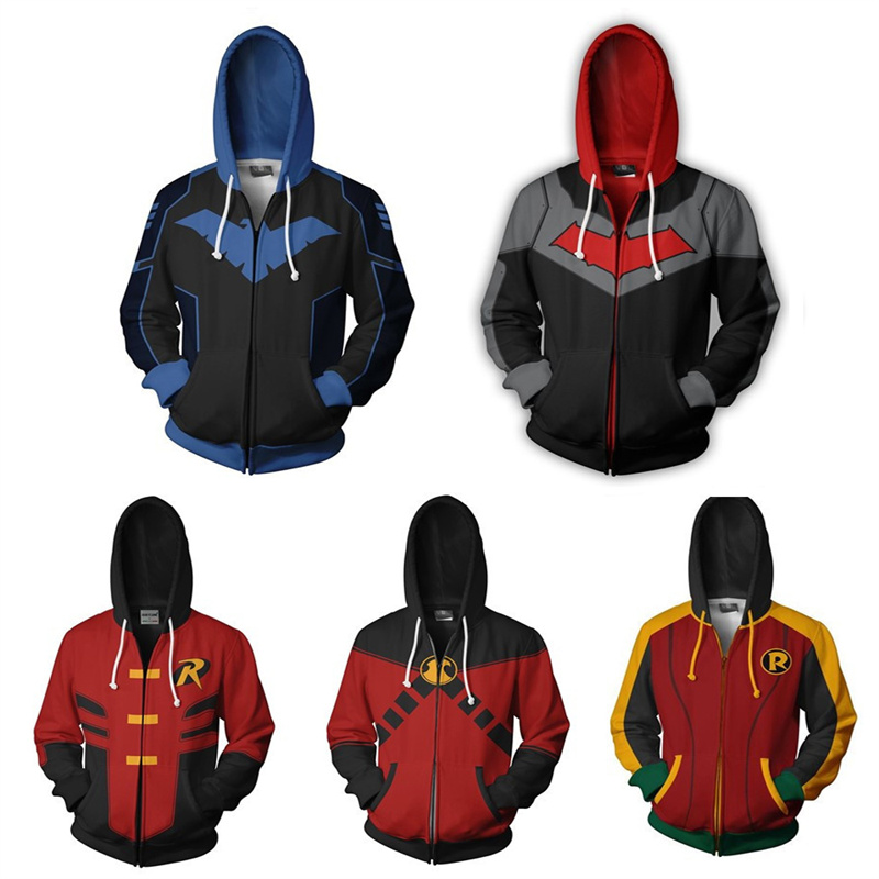 Sudadera con capucha de cosplay de Nightwing y Robin, disfraz de superhéroe, sudadera con cremallera para Halloween, ropa exterior informal, chaquetas de cosplay