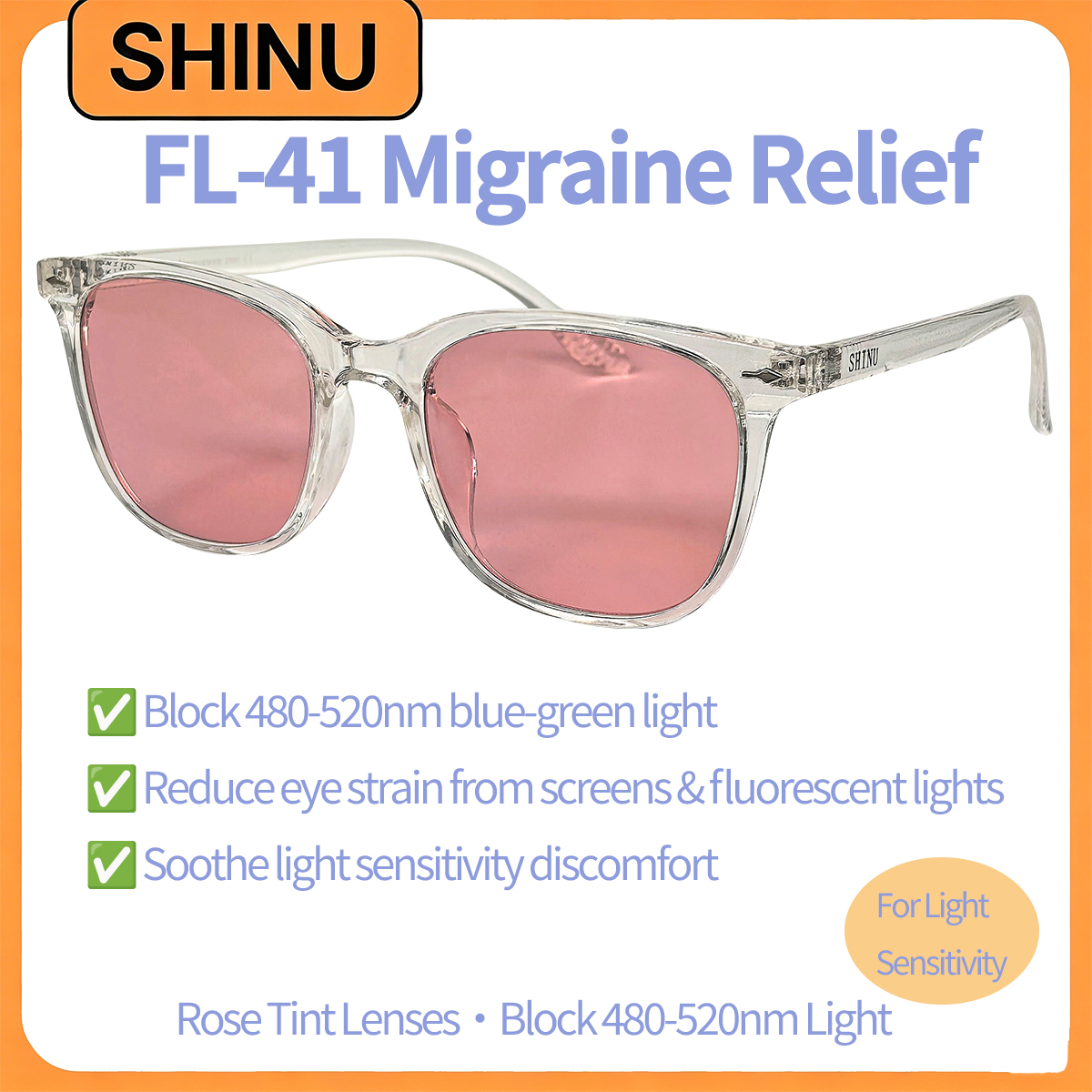 SHINU Dames FL-41 Bril FL41 Tint Bril Man met Rose FL41 Lenzen, 480-520nm Blauw Groen Licht Blokkerende Migraine Brillen