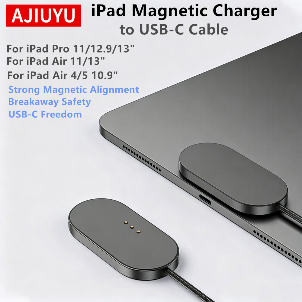 Pengisi Daya Nirkabel Magnetik AJIUYU untuk iPad Pro 13 "/11"/12.9 "/10.9" Pengisian Cepat dengan Kabel Pengisi Daya USB C ke C Pengisi Daya iPad Pintar