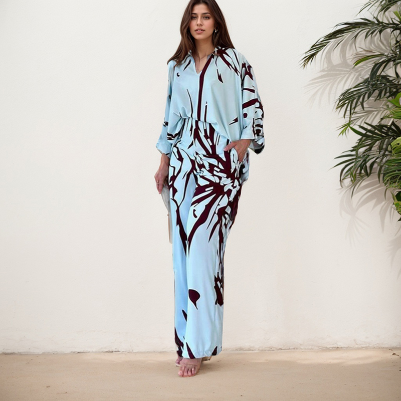 Conjuntos de dos piezas de camisa y pantalones estampados, Top holgado elegante con manga de murciélago, pantalones de pierna ancha, trajes informales de estilo de vacaciones