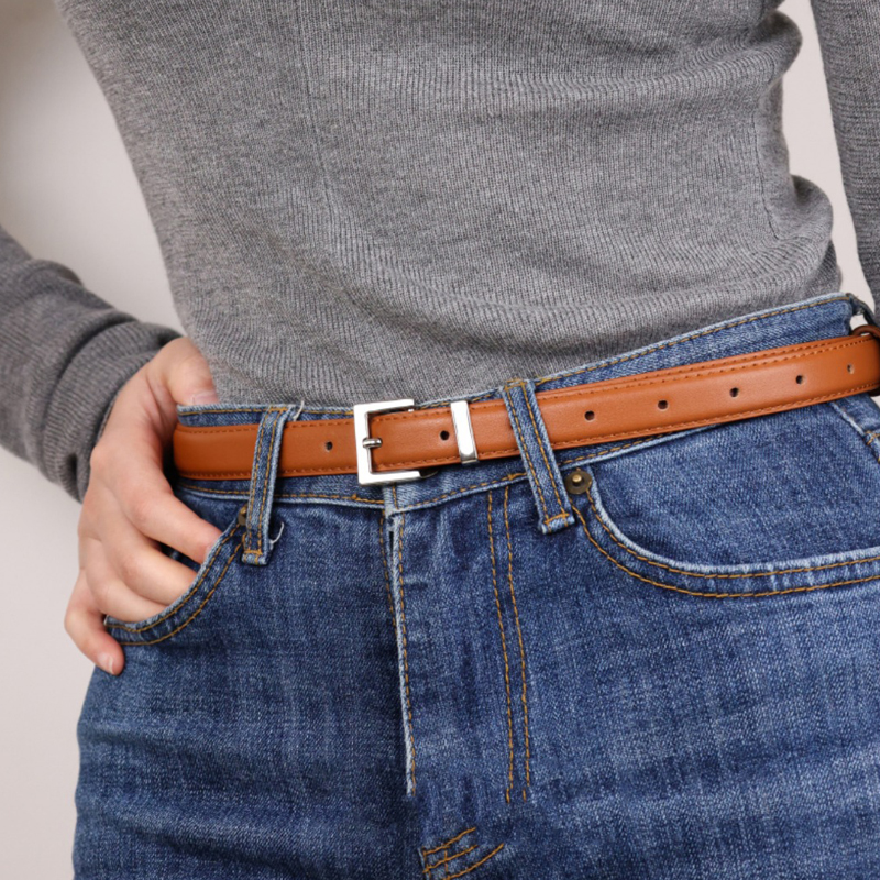 Cinto de Couro Legítimo Feminino Famicare Luxuoso e Fashionável com Fivela de Metal Prateada para Meninas e Mulheres
