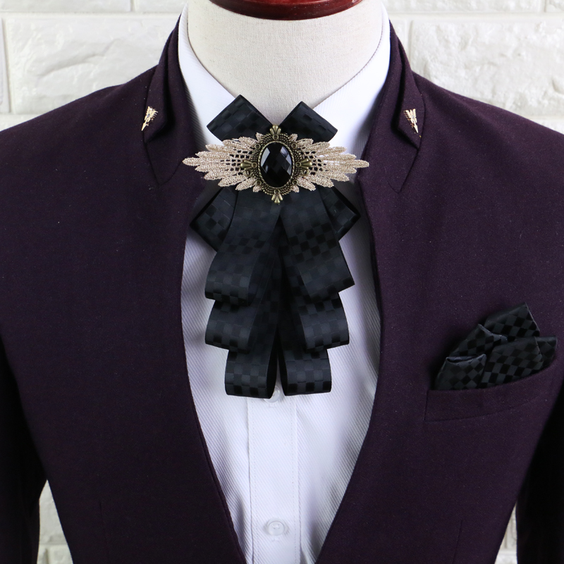 Men Ribbon Bow Tie Handkerchief Women pre-fold Brooches Pocket Square Neck Tie Set Groom Wedding Party Rhinestone Boys Bowtie