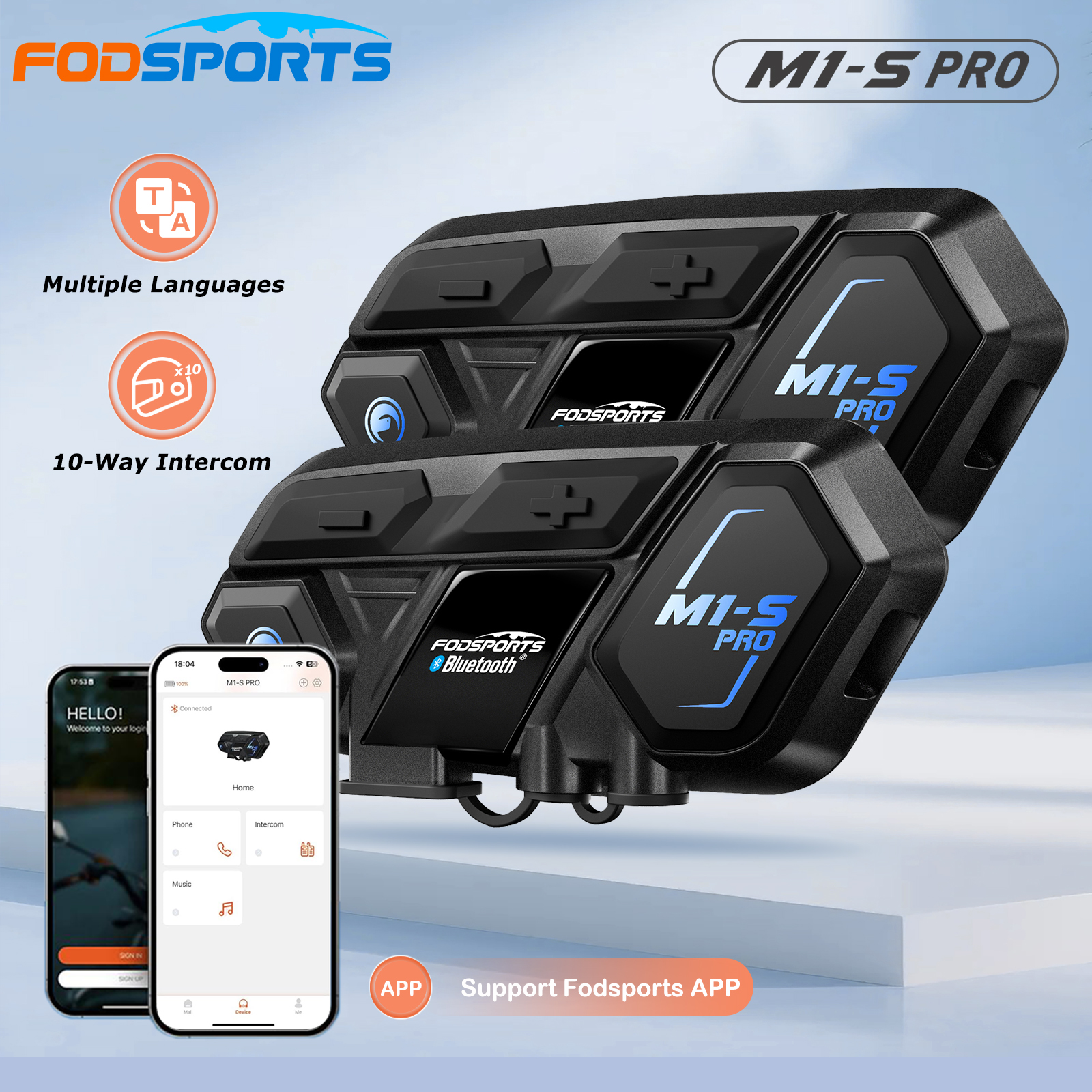 Мотоциклетная Bluetooth-гарнитура Fodsports для шлема, интерком для 10 райдеров M1-S Pro, беспроводной интерком, подключение через приложение.