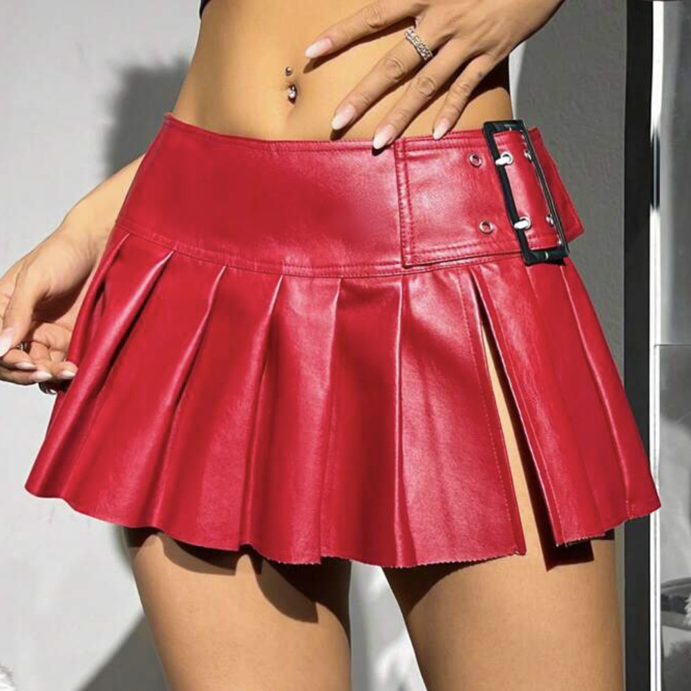 2026 Autumn New Mid Waist PU Leather Slit Pleated Skirt for Women Y2k Mini Skirts