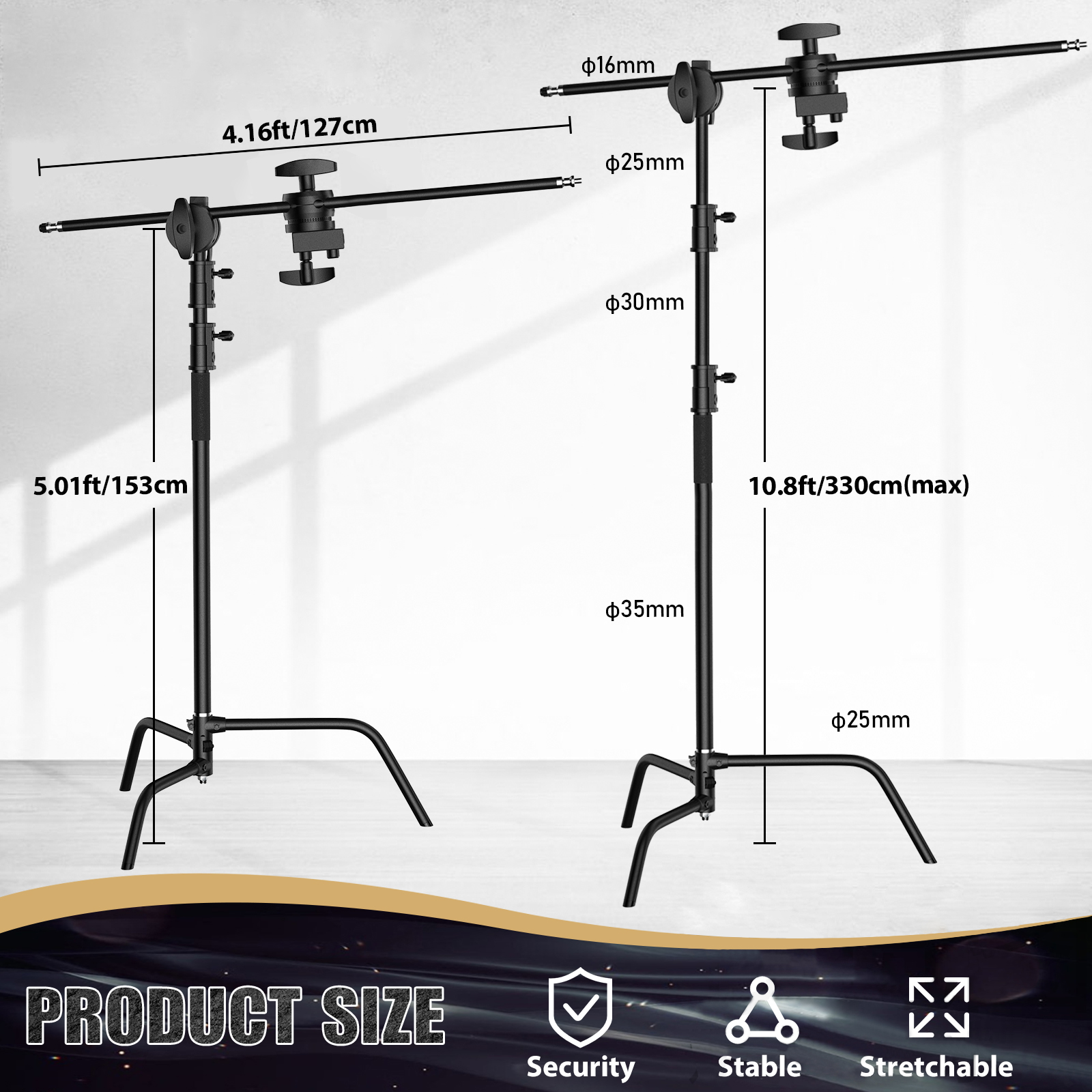 Sh 2.6M/3.3M Zwart Roestvrij Staal Eeuw Opvouwbaar Licht Stand Statief Magic Leg Fotografie C-Standaard Voor Spot Light,Softbox