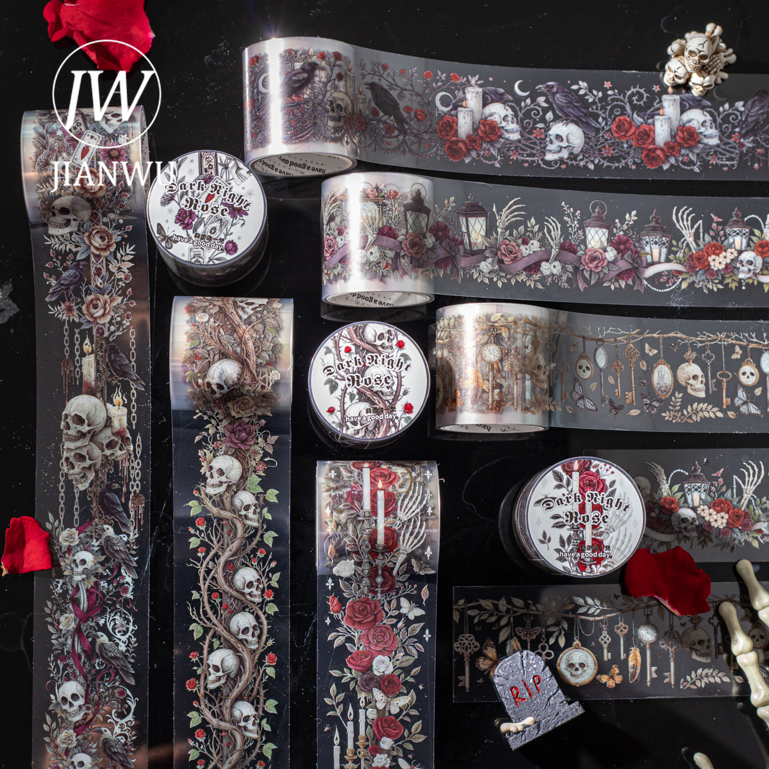 JIANWU 40mm*200cm Dark Night Rose Series Vintage Gothic Skull Flower Landscape Collage PET Tape Creative Journal Stationery