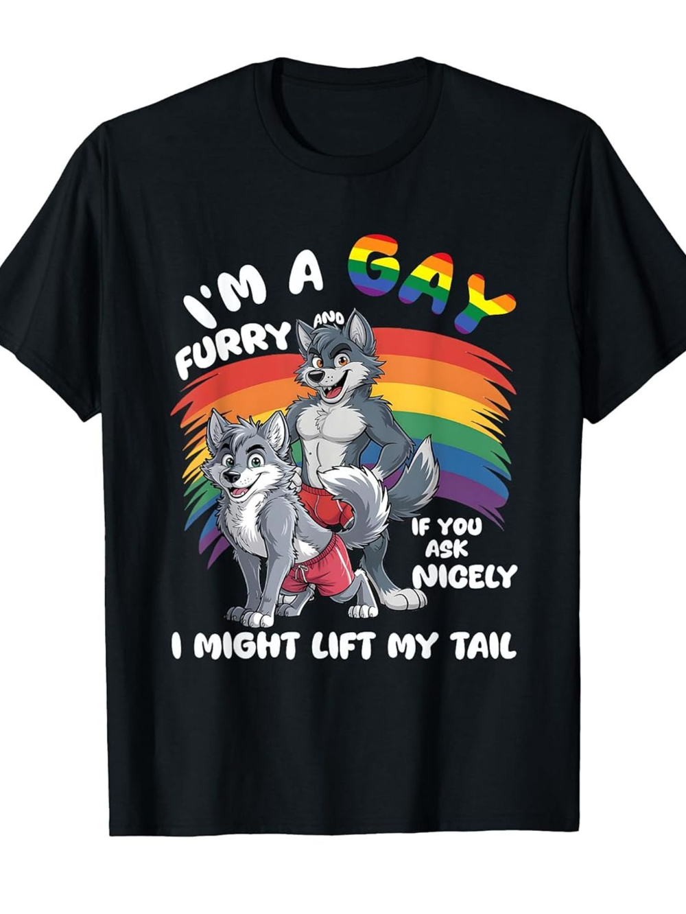 Heren Fun Gay Furry Pride Month T-shirt Regenboogvos en hondpatroon Ik ben Gay harige slogan Comfortabele ronde hals met korte mouwen