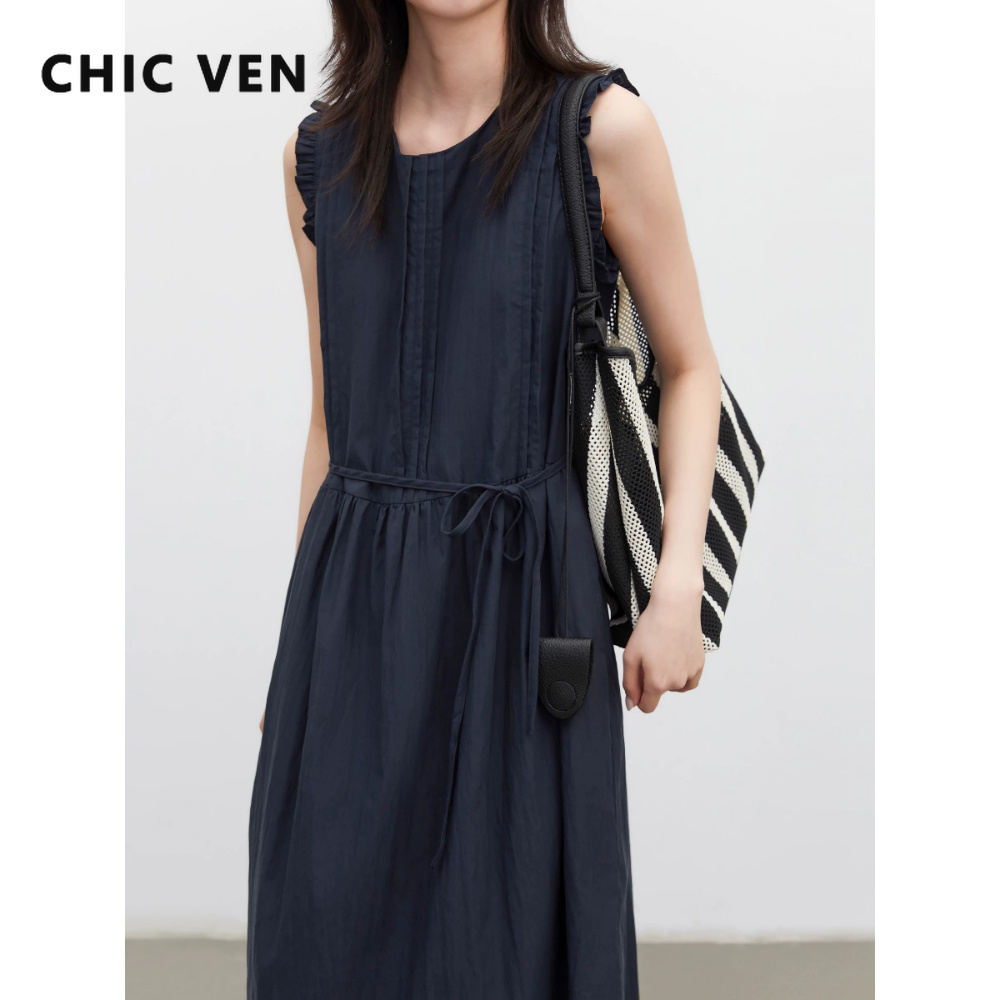Женское платье CHIC VEN А-силуэта, однотонное, свободное, повседневное, с оборками, без рукавов, с круглым вырезом, на шнуровке, весна-лето 2026