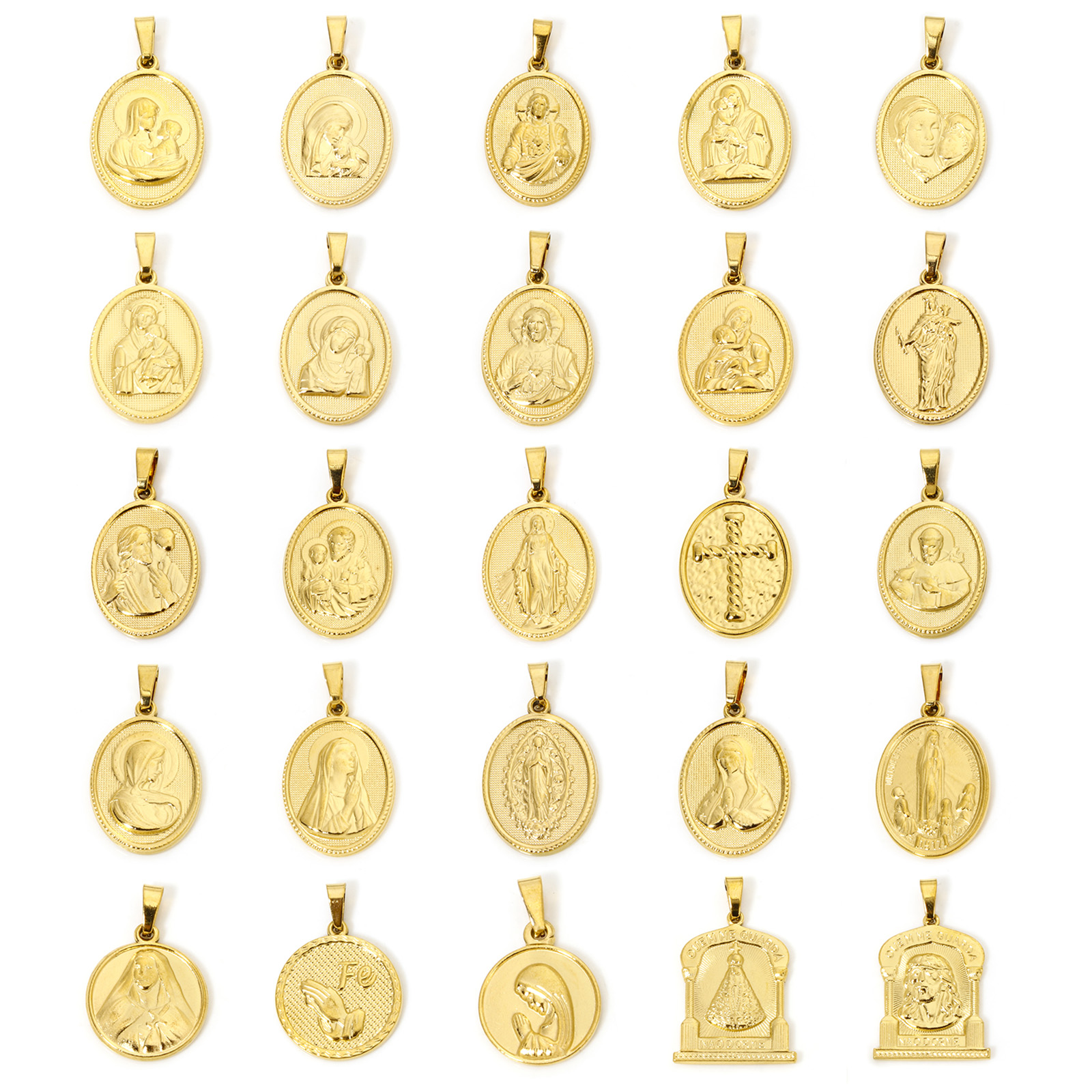 Breloques religieuses en acier inoxydable, 2 pièces, couleur or, motif vierge marie, pendentifs, collier pour femmes et hommes, résultats de bijoux de fête