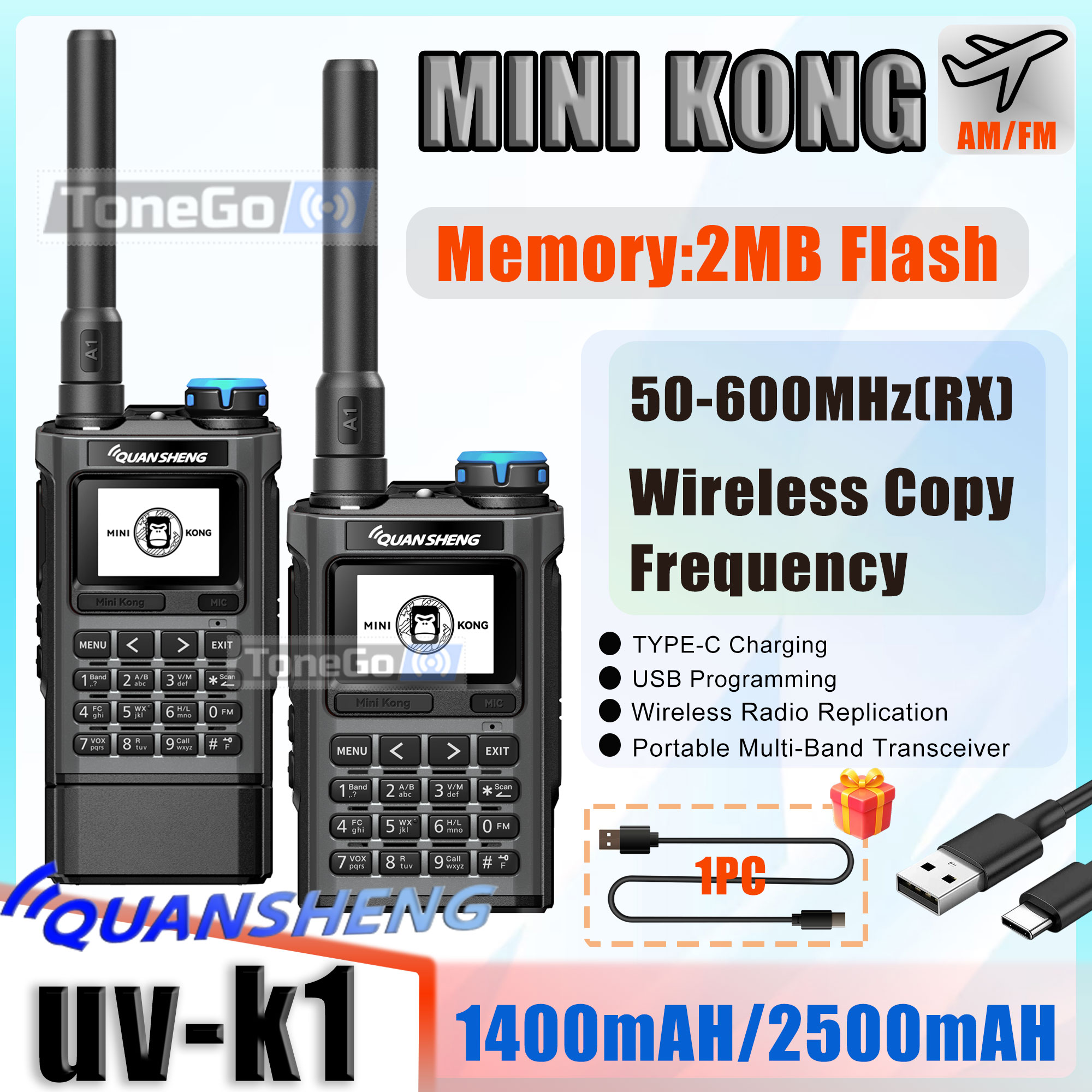 콴셩 UV-K1 미니 무전기 2MB 플래시 타입-C 충전 프로그래밍 AM/FM 50-600MHz 멀티밴드 장거리 양방향 무전기