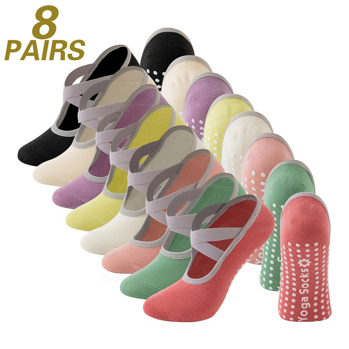 8 PAIRS Women's Non-Slip Yoga Socks Invisible Low Cut Red Black White Green Yellow Yoga Socks for Indoor Fitness & Gym Exercises