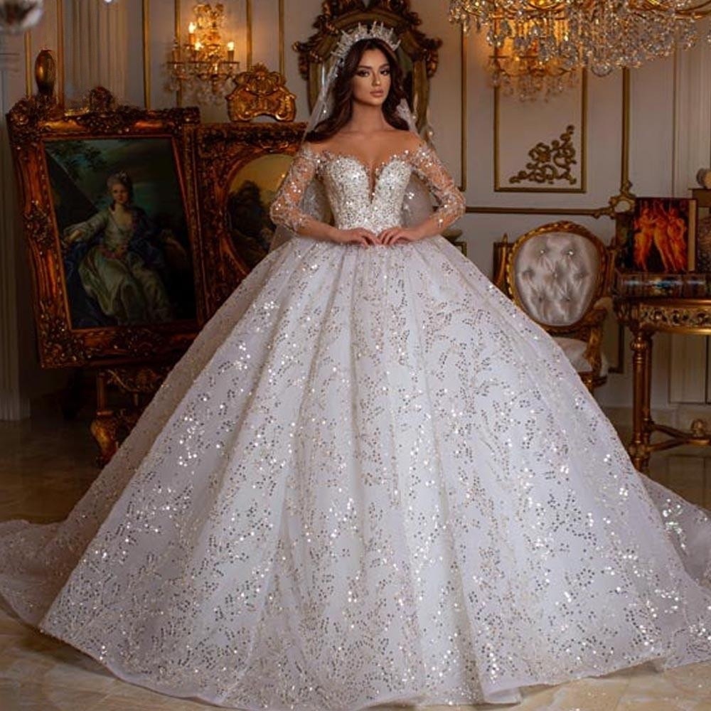 Suknia ślubna Haute Couture, przepiękna suknia dla panny młodej z dekoltem w serduszko, długim rękawem, haftem, cekinami, tiulowa suknia balowa do ziemi.
