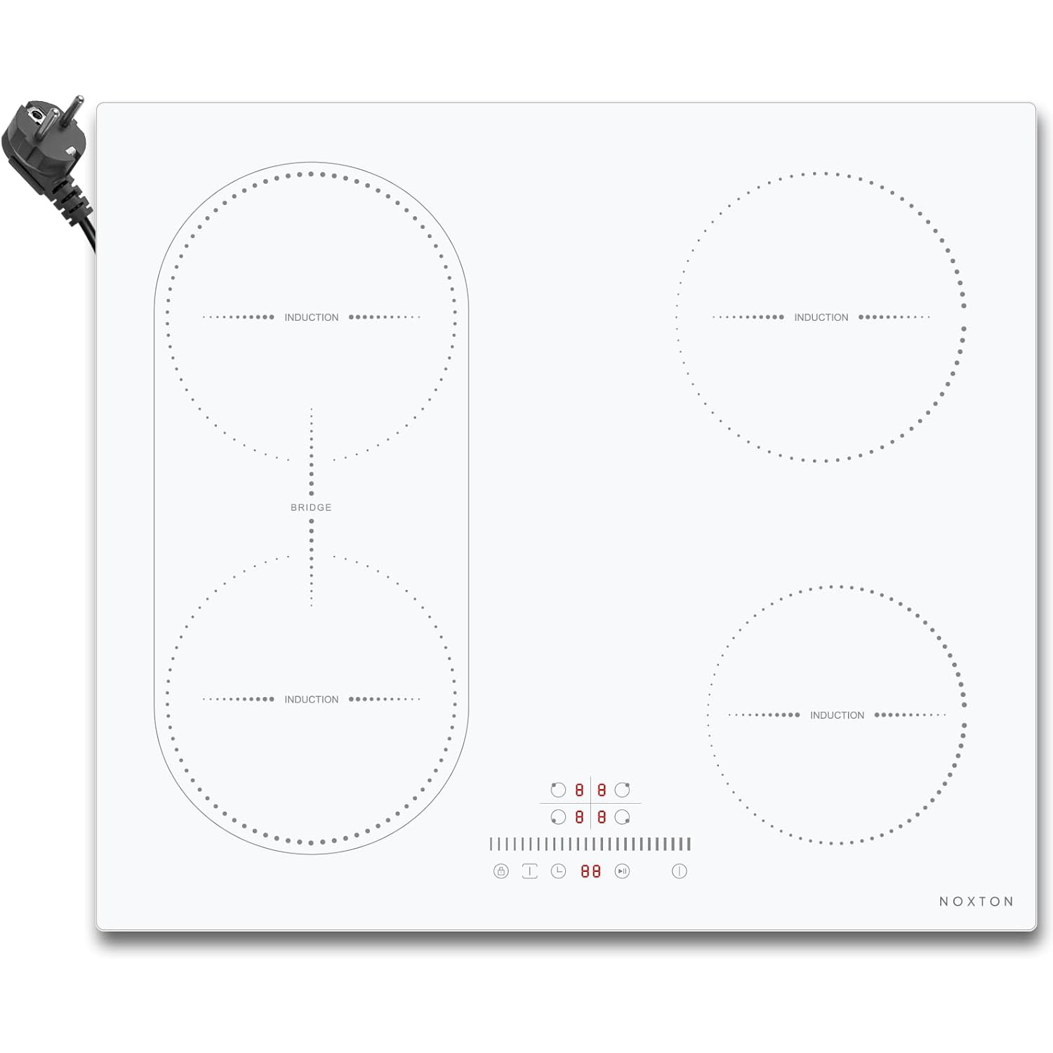 NOXTON Biało-Czarna Indukcyjna Płyta Grzejna Podłączana, (UK:2800W/EU:3500W) 4 Strefy z 1 Strefą Grillową, 60CM Dotykowa, Blokada Bezpieczeństwa, Szkło Ceramiczne