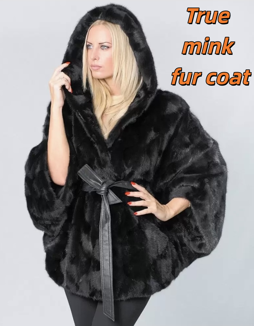 2026 Women's New Mink Fur Bat Top, Hooded Shawl Jacket, Real Mink Fur Leather Jacket