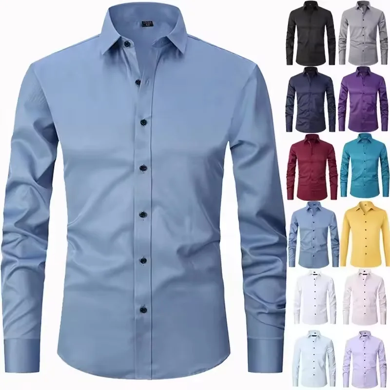 Lente mannen sociaal overhemd slanke zakelijke overhemden mannelijke lange mouw casual formele elegante overhemd blouses tops man merk kleden