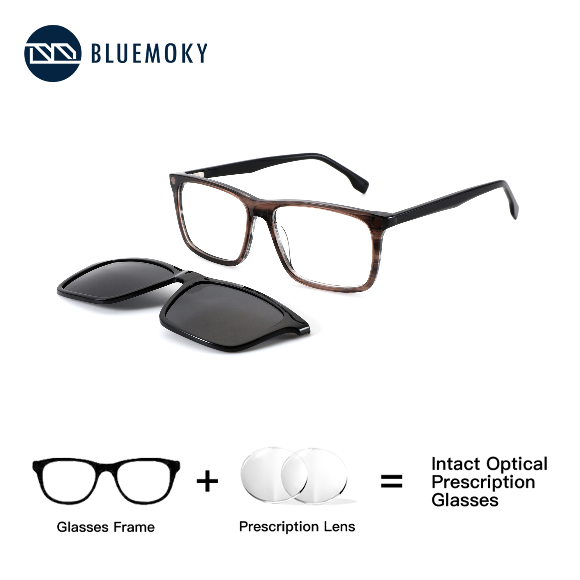 BLUEMOKY Rectangle Magnetic Clip On Prescription Eyeglasses Anti Blue Light Polarized UV400 Men's Acetate Reading Glasses