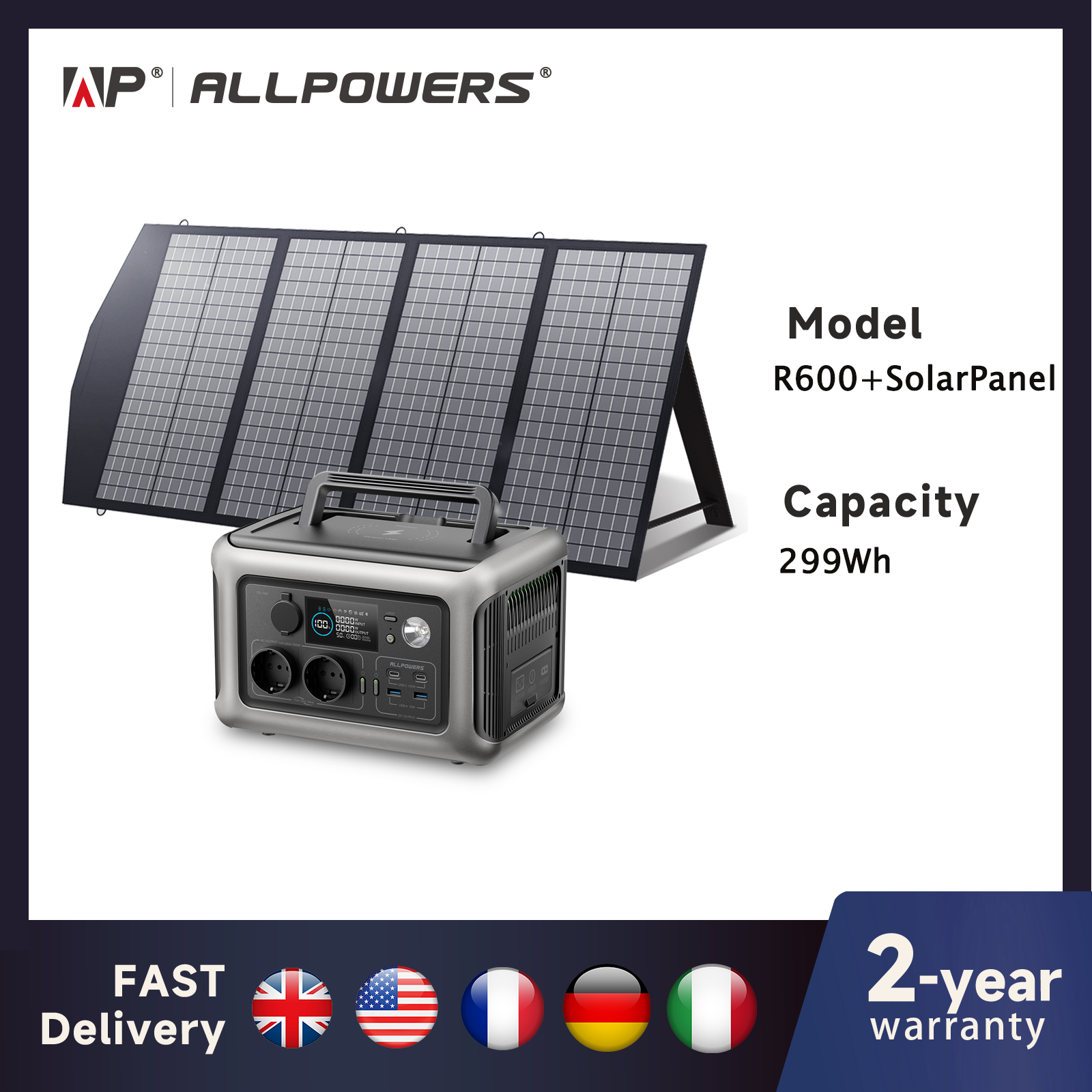 ALLPOWERS R600 draagbare krachtcentrale met zonnepaneel (optioneel), 299 Wh 600 W LiFePO4-batterij voor thuisback-up buitenshuis kamperen RV