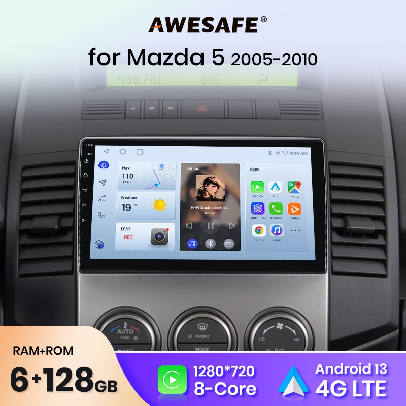 Автомагнитола AWESAFE с беспроводным CarPlay и Android Auto для Mazda 5 2005-2010, GPS-навигация, управление с руля, FM, Bluetooth, Plug and Play, DSP-стерео