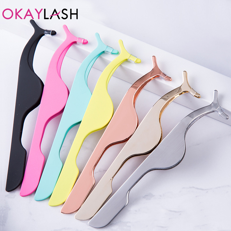 Pinzas para pestañas postizas OKAYLASH de oro inoxidable, extensión de pestañas postizas de oro rosa, abrazadera aplicadora multicolor, etiqueta privada