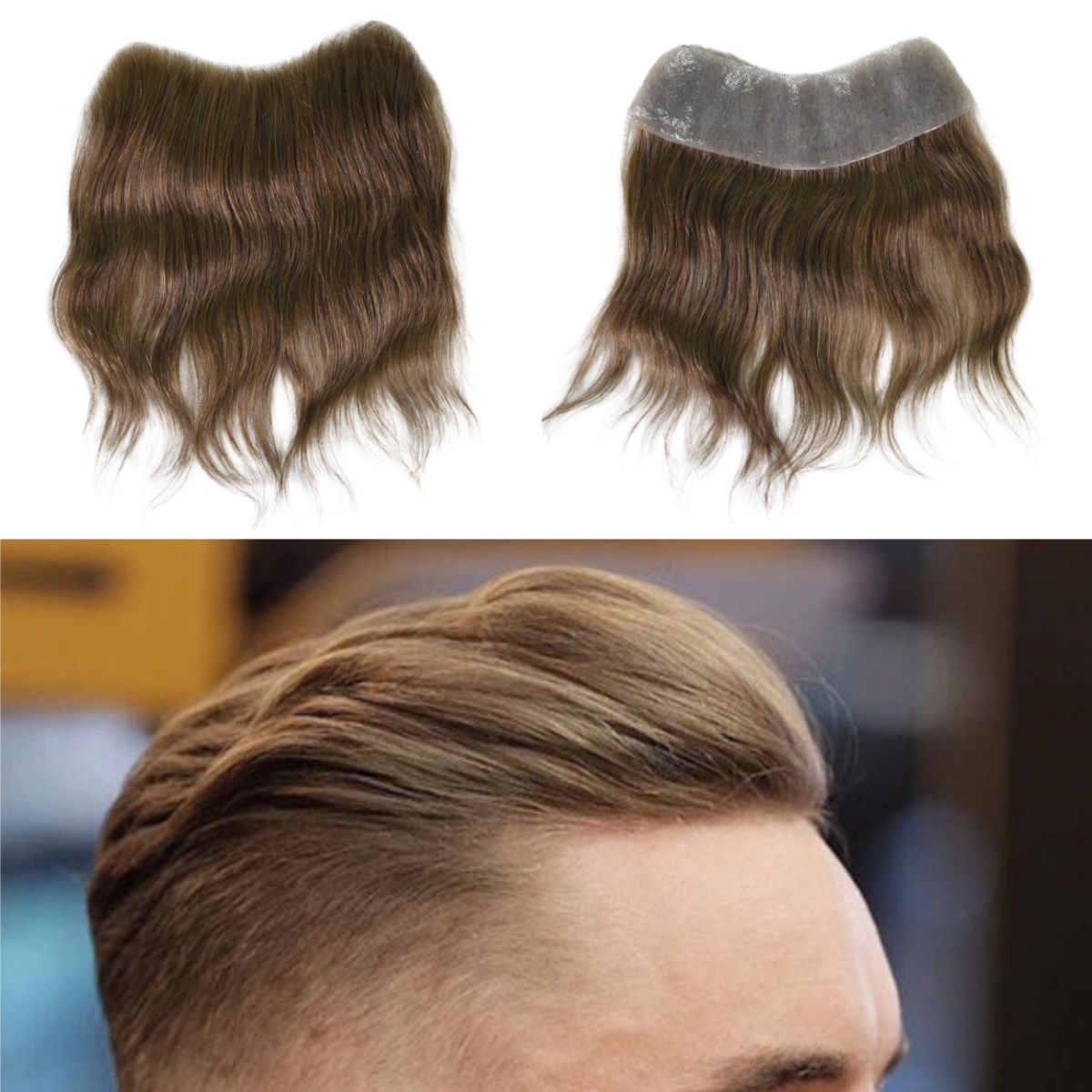 Peluca para la línea del cabello frontal masculina; Prótesis capilar frontal de PU con cabello humano de alta densidad para hombre, con anillo en V