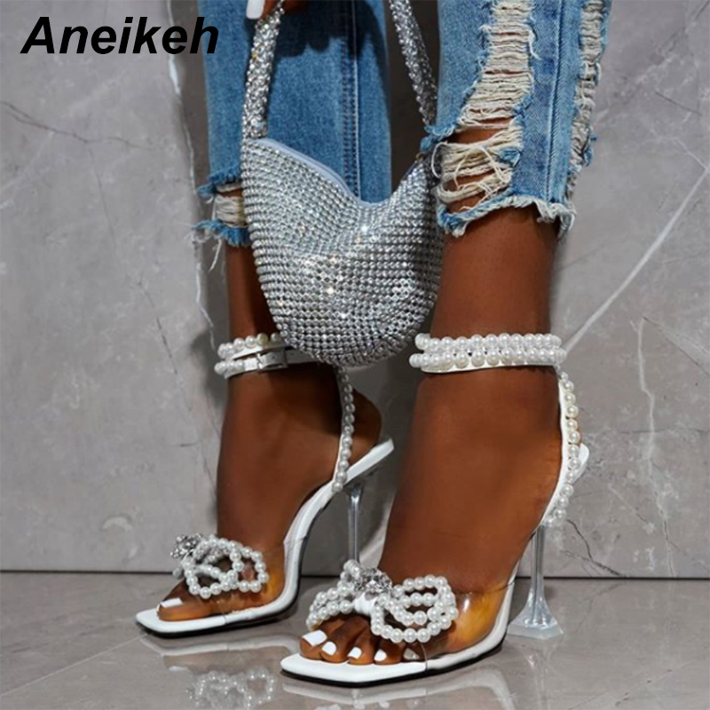 Aneikeh 2025 verão branco corda grânulo sapatos de salto alto sapatos de casamento borboleta-nó banda estreita saltos finos dedo do pé quadrado sandálias de festa