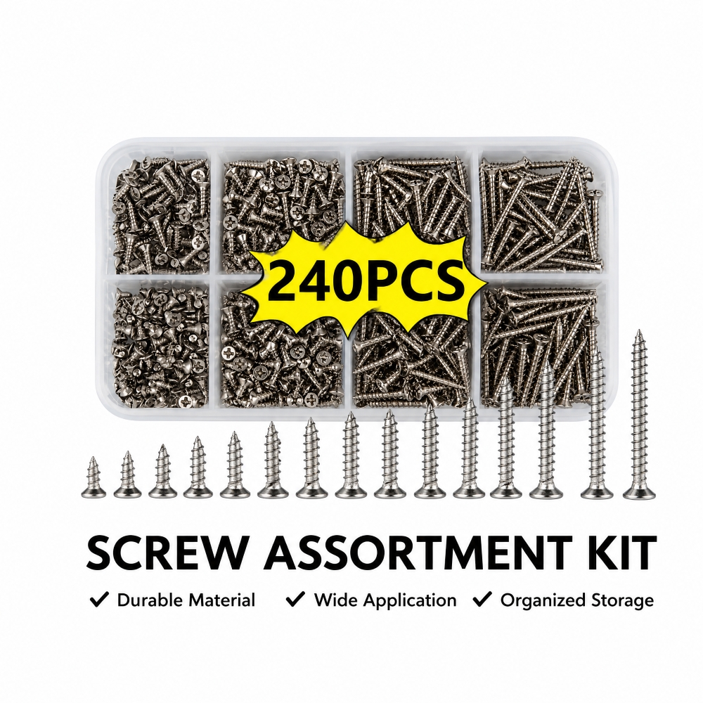 Juego de 240 tornillos autorroscantes para madera, caja con 8 tamaños, tornillos metálicos planos M2, kit de clasificación para mejoras del hogar