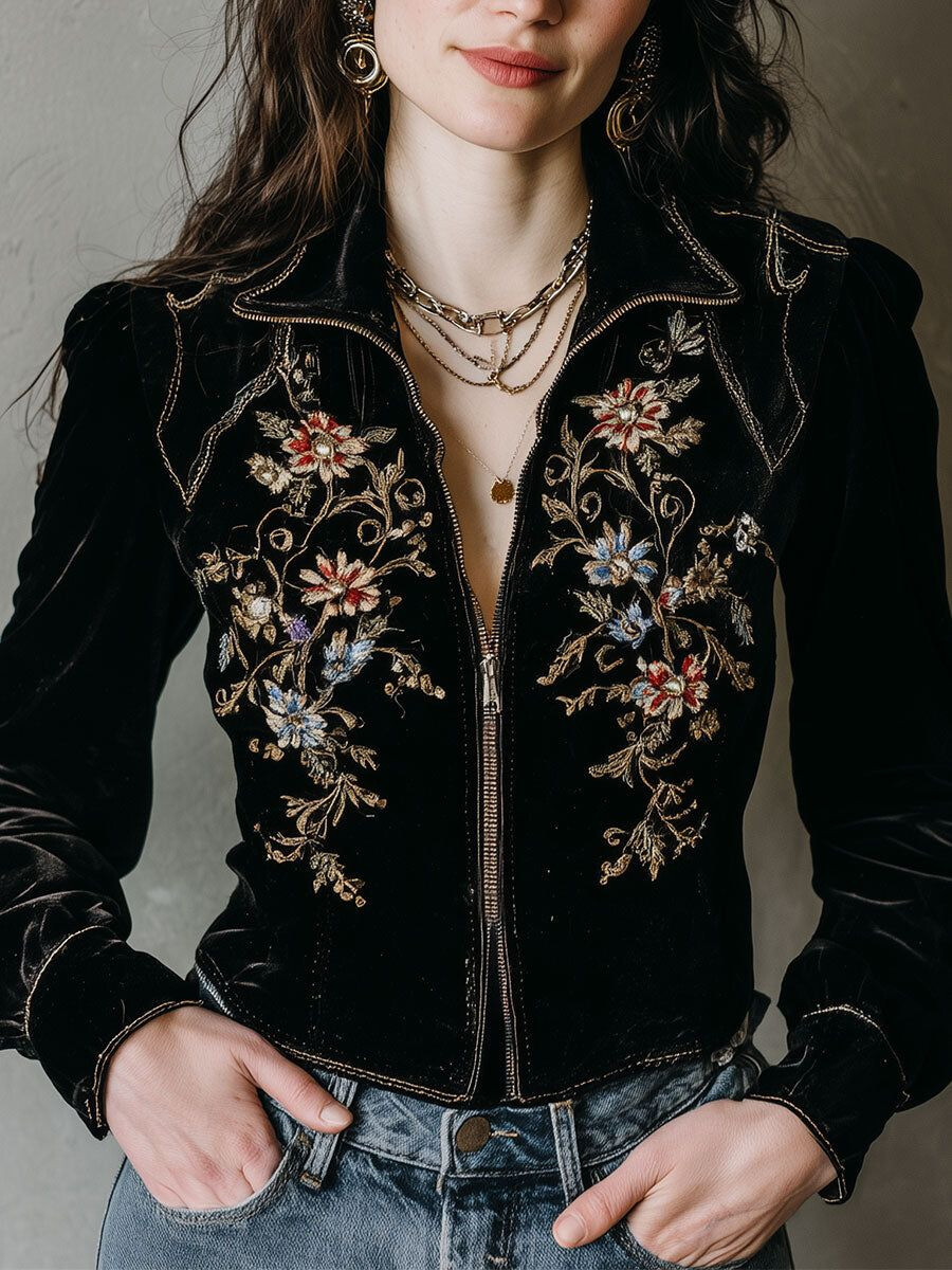 Giacca retrò da donna Casual Vintage con cerniera e colletto con risvolto stampato floreale Cappotto corto Chic Giacche corte etniche Capispalla