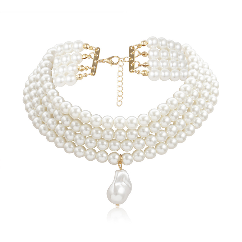 คลาสสิก Layered Strand รอบไข่มุกลูกปัดคอสร้อยคอ Choker สําหรับผู้หญิงไม่สม่ําเสมอ Baroque Pearl จี้สร้อยคอของขวัญ