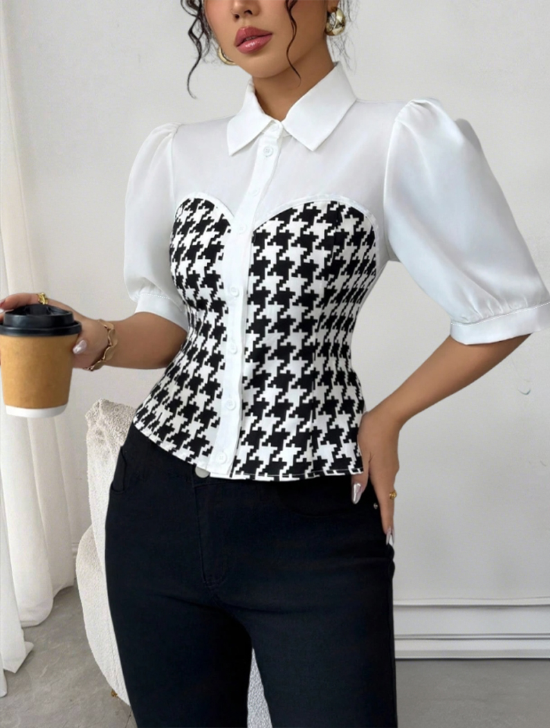Damesblouse Lente Zomer Zwart Wit Tops Houndstooth Patchwork Kraag Pofmouwen Valentijnsdag Elegant Casual Dagelijkse top