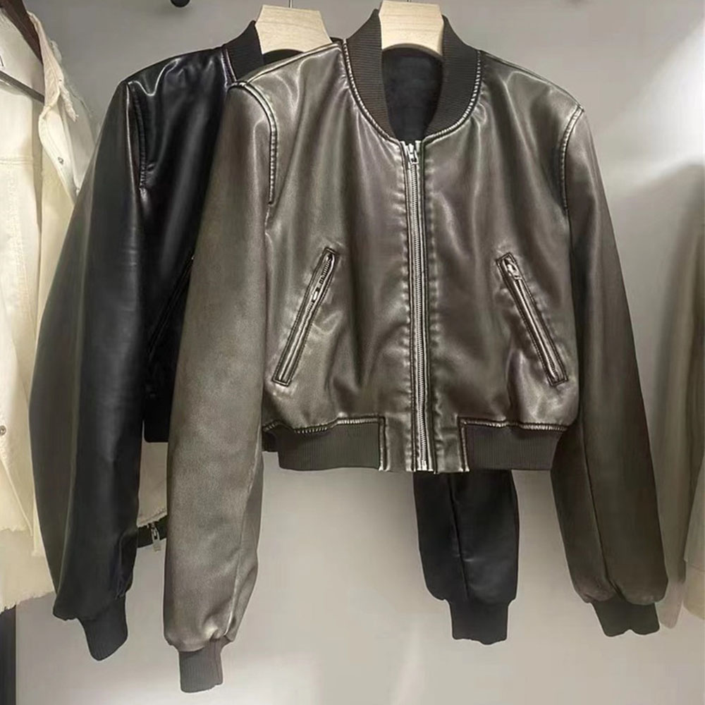 Outono e inverno novo couro cor sólida casaco curto estilo retro curto zíper cardigan casual all match jaqueta de couro feminino
