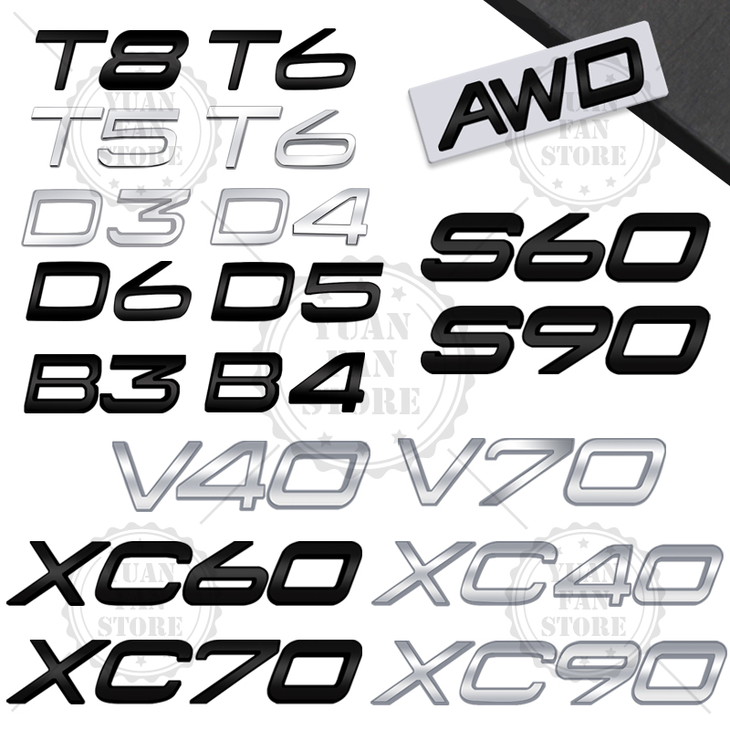 Letras de Metal de 1 piezas para Volvo, CX40, CX60, CX90, V60, V40, S60, V70, XC70, D2, D3, D4, D5, D6, D7, D8, B2, B3, B4, B5, B6, T4, T5, T6, AWD, emblema 3D