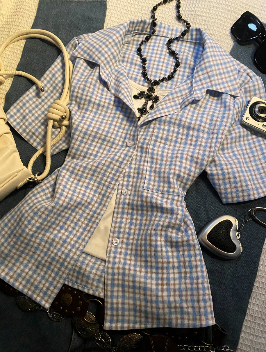 Chemise à carreaux de style rétro européen et américain, cardigan à manches courtes pour femme, chemise boutonnée