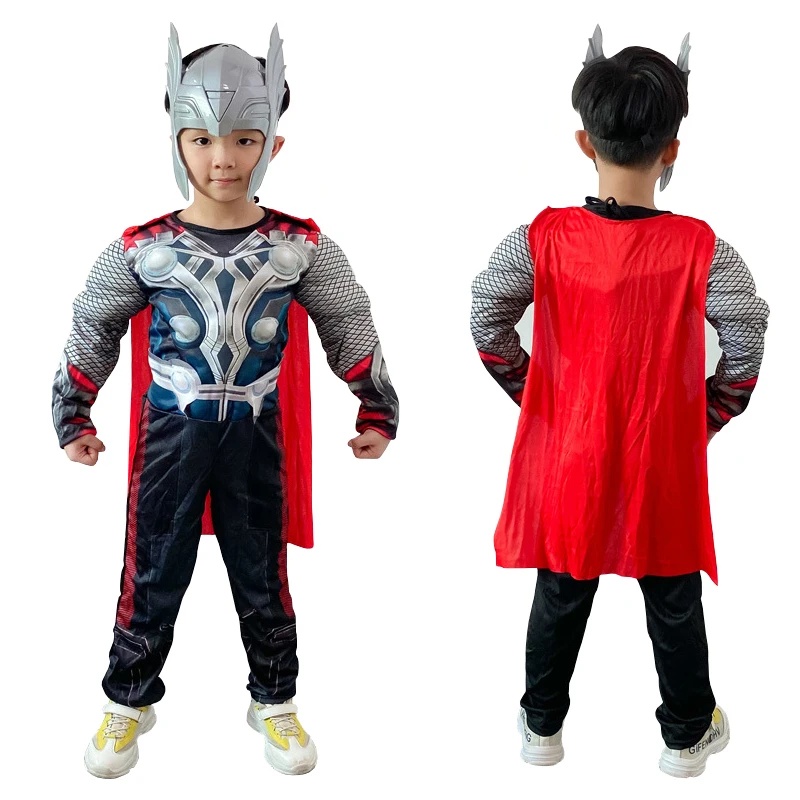 Halloween carnaval roupas para crianças thor traje muscular super-herói thor cosplay traje muscular macacão máscara martelo