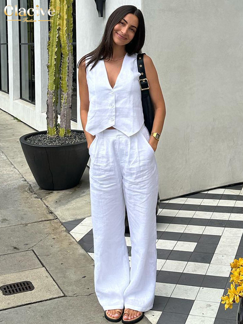 Clacive-Conjunto de dos piezas de lino blanco para mujer, camiseta sin mangas a la moda, nuevo conjunto de Pantalones anchos de cintura alta a juego, 2023