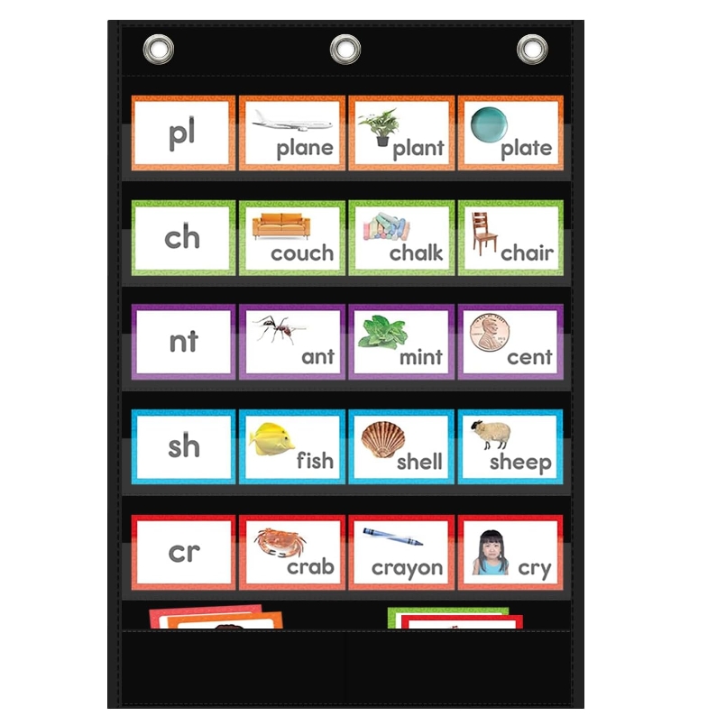 Gráfico de bolsillo estándar negro para aula, tabla de palabras con bolsillo de almacenamiento adicional para tiras de frases, uso escolar, hogar y oficina