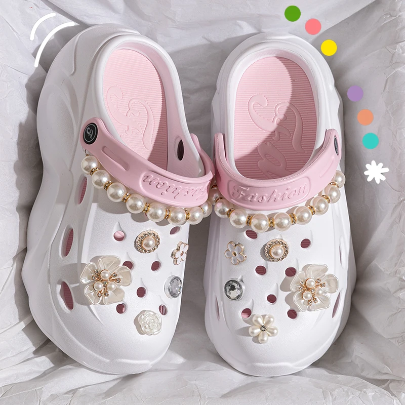 Moda estiva Catena di perle Zoccoli fai da te Donna 2025 Piattaforma robusta Slip On Sandali Donna Fondo spesso Pantofole in EVA Scarpe Donna Tacco