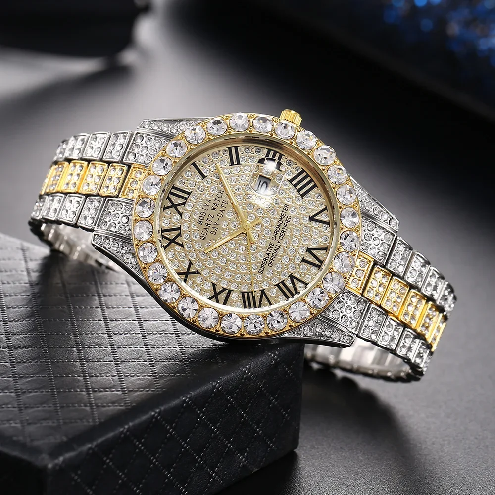 Gran oferta, reloj con diamantes ostentosos para hombre, Color dorado, regalo de lujo, relojes de cuarzo, reloj masculino, reloj de pulsera con calendario de diamantes de imitación