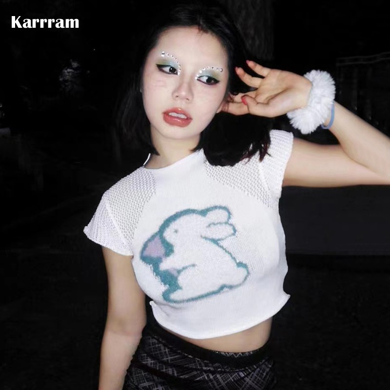 Karrram Japanese Y2k Knitted T-shirt 2000s Aesthetics Rabbit Embroidery Crop Top Vintage Harajuku Hollow Out Short Sleeve Tshirt