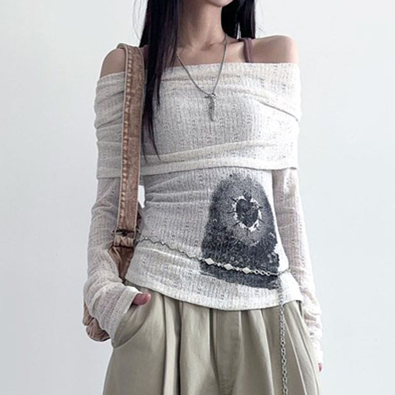 ロックモアシックレトロワンショルダープリントトップスリム薄型長袖 Tシャツヴィンテージストリート美的原宿カジュアル衣装