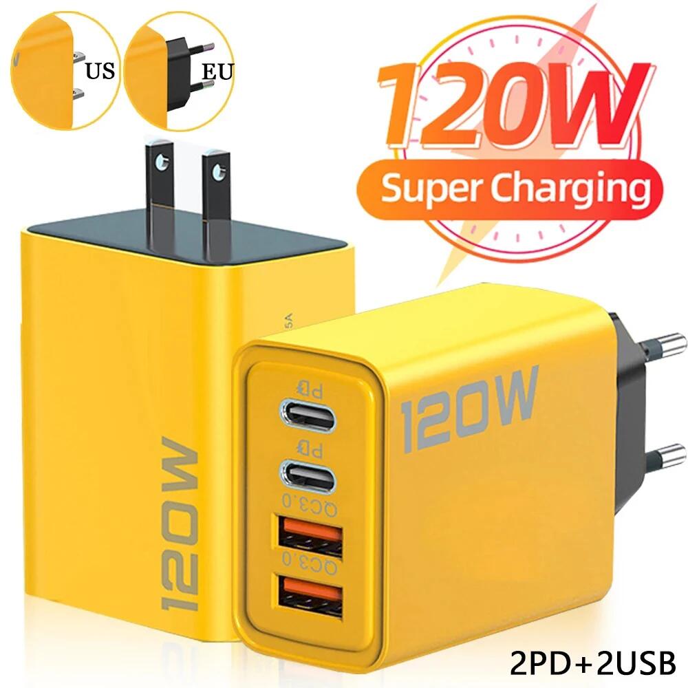USB C Charger 120W 4 Ports Fast Charging Phone Charger Power Adapter For iPhone Samsung Xiaomi Huawei Type C Quick Wall Charger