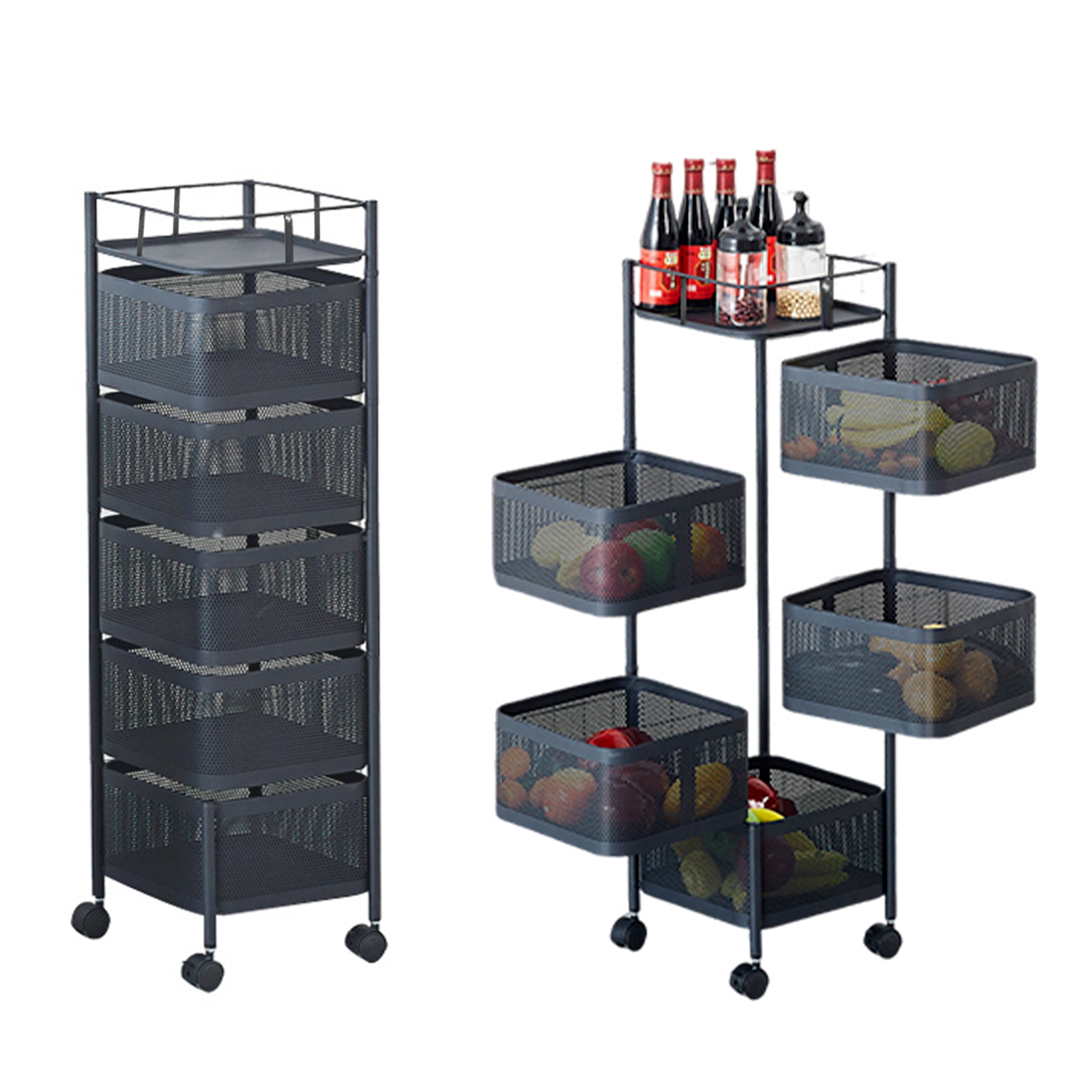 Acciaio al carbonio 360 °   Carrello portaoggetti girevole Scaffale portaoggetti in ferro Scaffale per verdure da cucina Scaffale per snack da soggiorno 5 strati