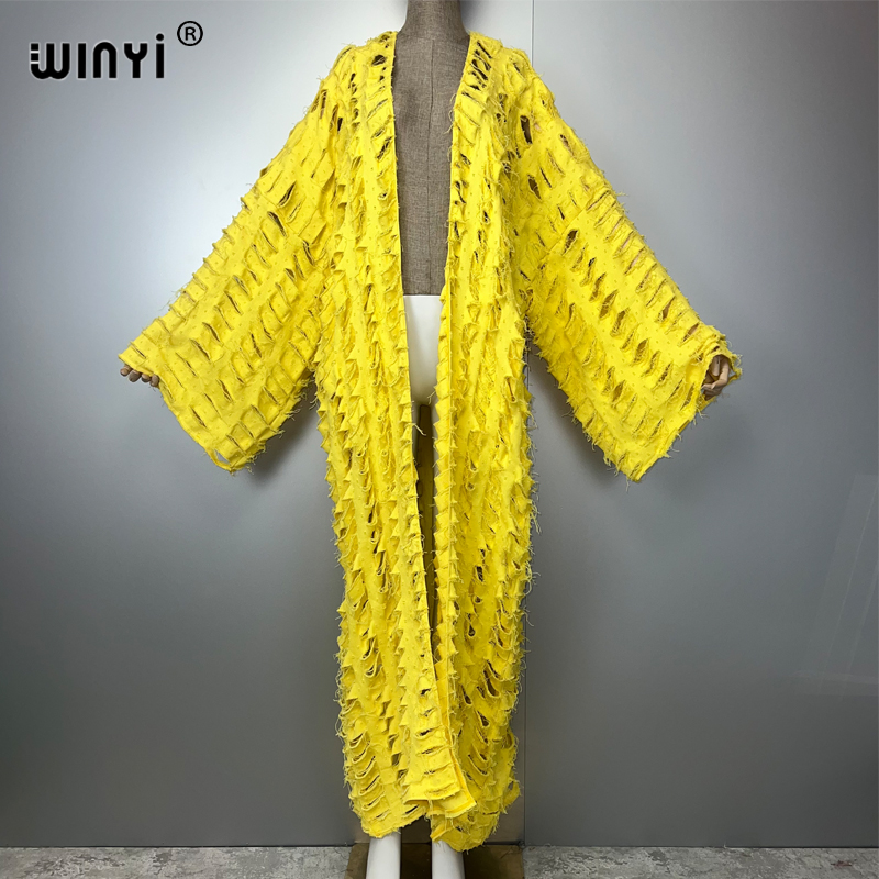 WINYI neuer Maxi-Kimono-Mantel für Damen, Mantel, Loch, Denim-Strickjacke, langer Daunenmantel, Vertuschung, Strand-Outfits, Frau, Abaya, Dubai, Luxus