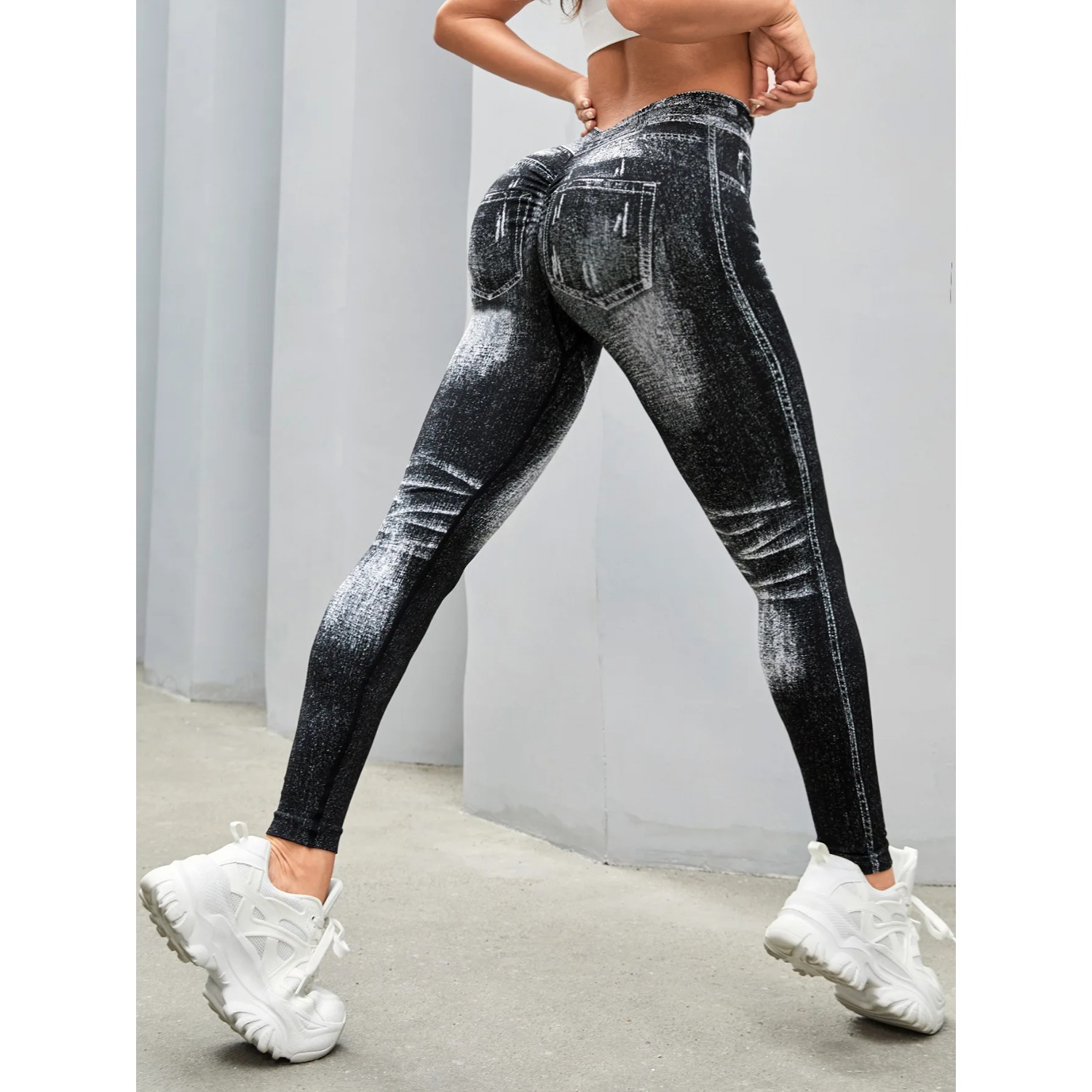 Ginásio feminino impresso yoga calças apertadas sem costura cintura alta perfurado bolso falso calças apertadas yoga calças de fitness